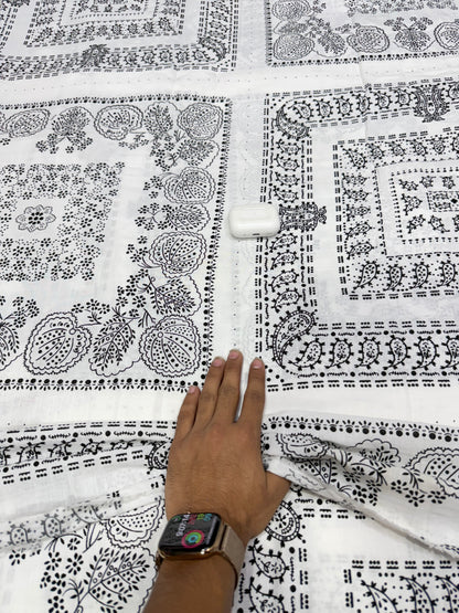 Buy Fine Cotton Linen Black White Booti Border Print Fabric