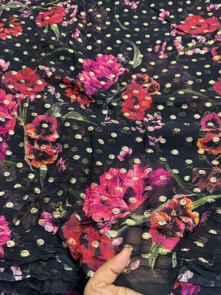 Buy Viscose Chiffon Floral Printed Lurex Butta Fabric