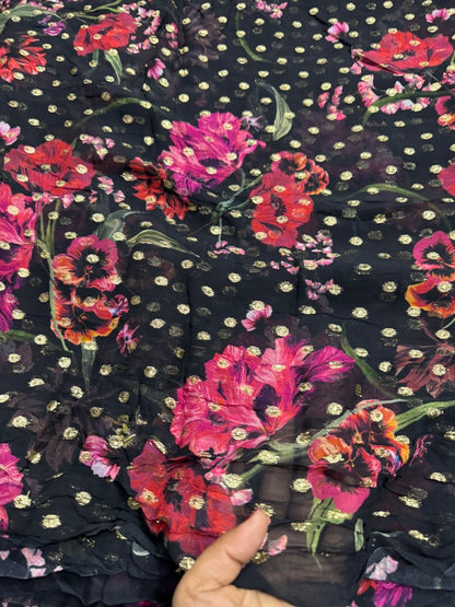 Buy Viscose Chiffon Floral Printed Lurex Butta Fabric