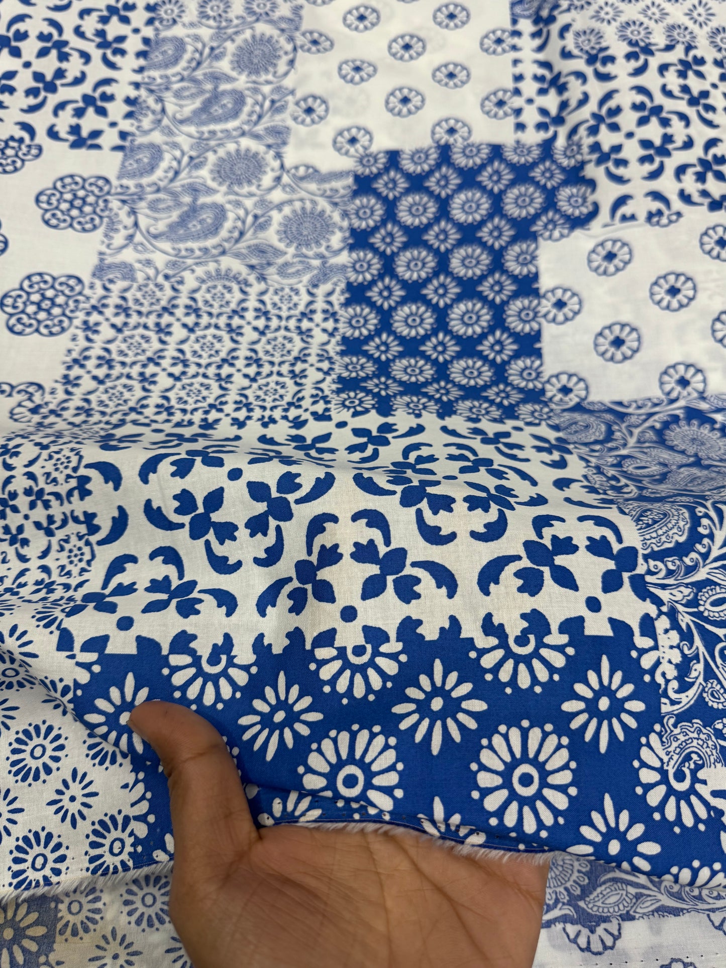 Buy Mul Cotton Multi Patch Blue Printed Fabric