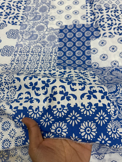Buy Mul Cotton Multi Patch Blue Printed Fabric