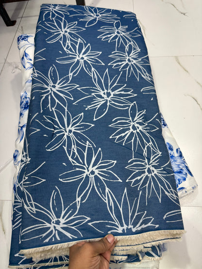 Buy Premium Cotton Denim Line Art Big Leaf Flower Printed Fabric