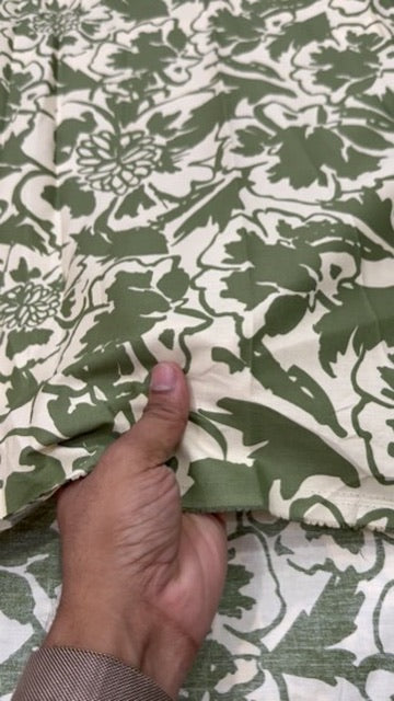 Buy Cotton Poplin Light Green Base Olive Green Line Art Flower Printed Fabric