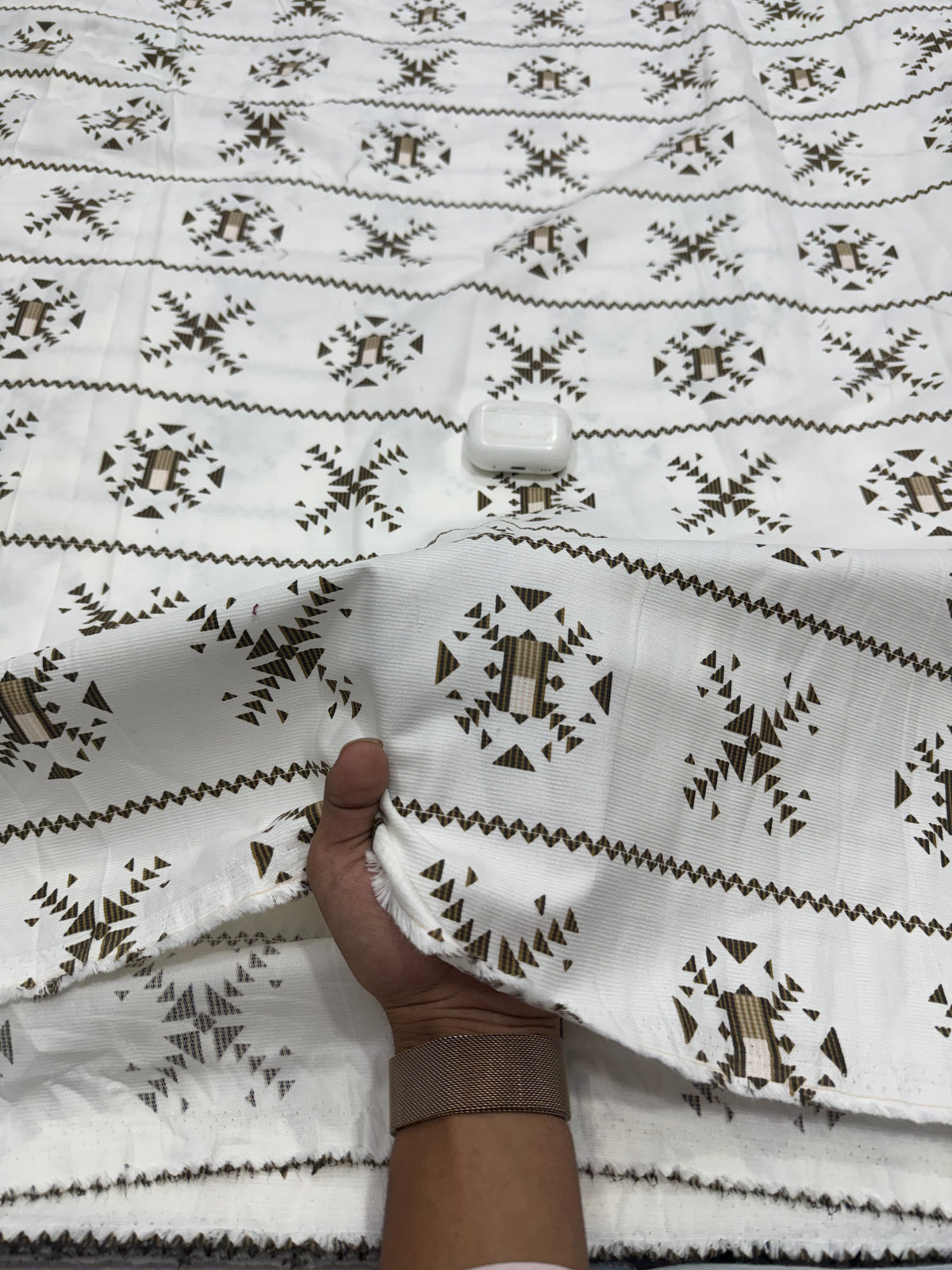 Buy Printed Corduroy White Brown Geometric Ajrak Print Fabric