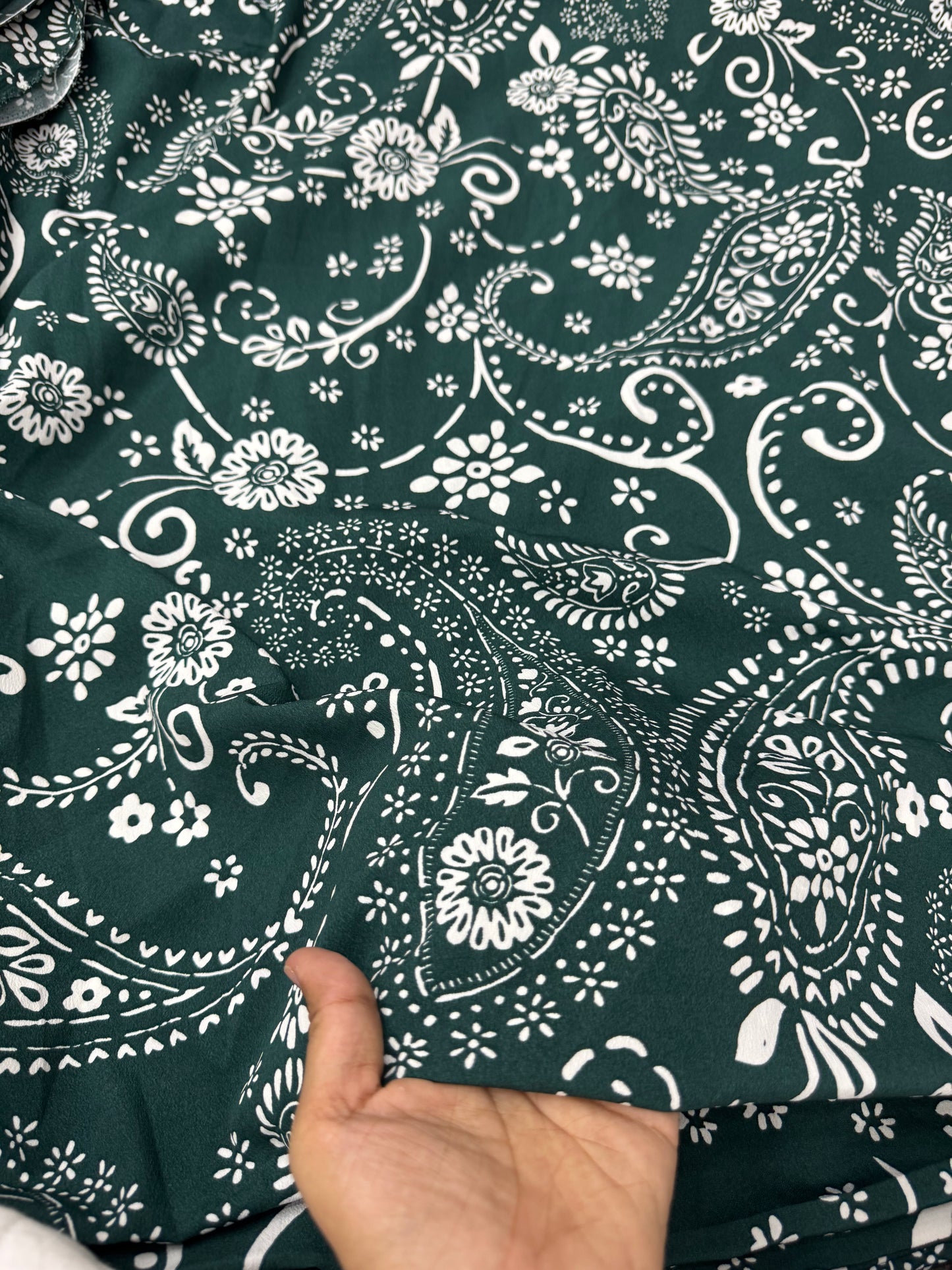 Buy Banana Crepe Dark Green Base White Alpana Paisley Printed Fabric