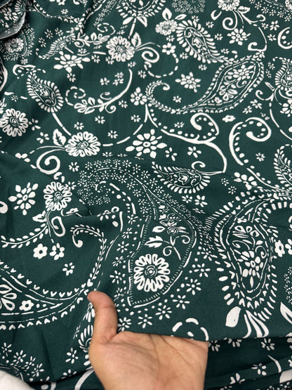Buy Banana Crepe Dark Green Base White Alpana Paisley Printed Fabric
