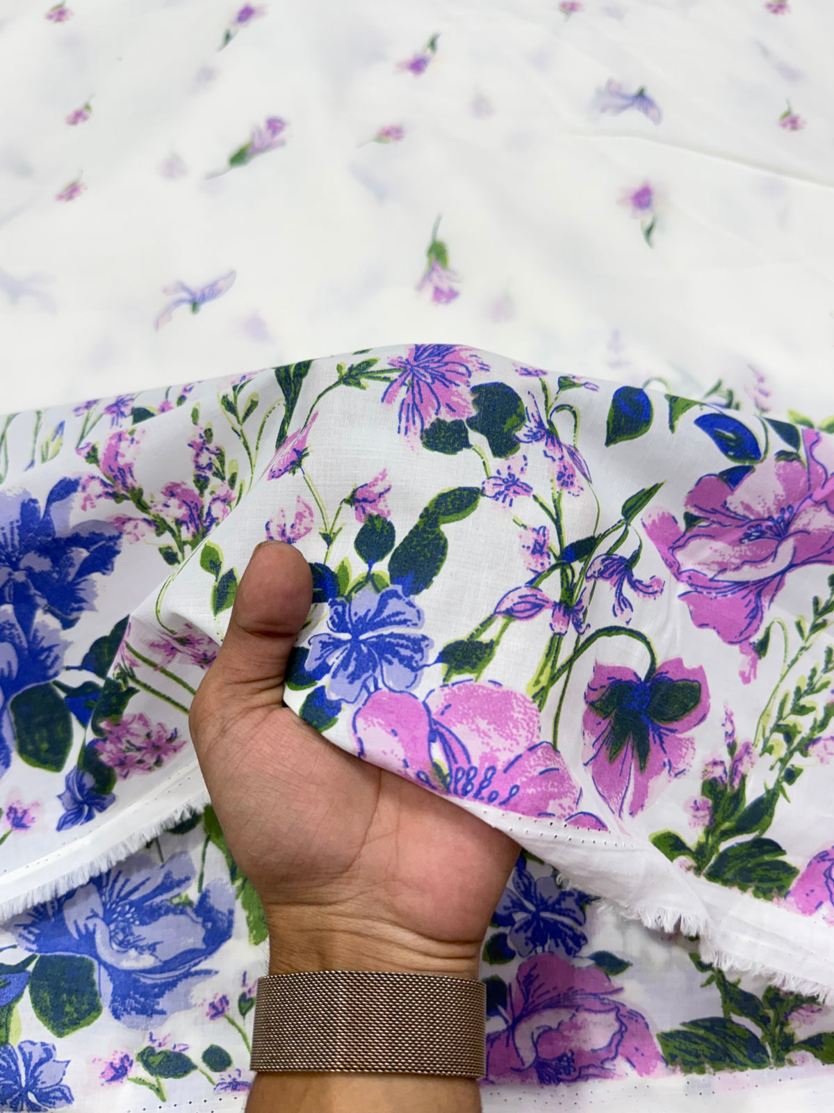 Buy Cotton Poplin White Purple Wildflower Border Print Fabric