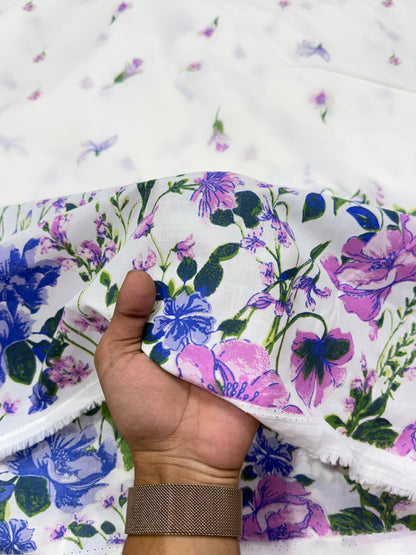Buy Cotton Poplin White Purple Wildflower Border Print Fabric
