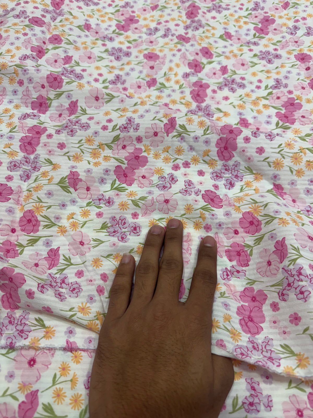 Buy Premium Cotton Seersucker White Base Pink Garden Floral Fabric