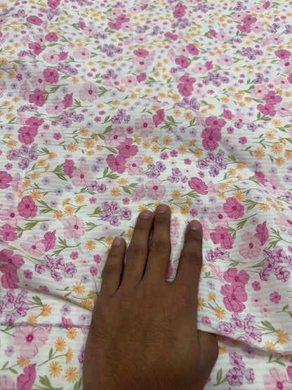 Buy Premium Cotton Seersucker White Base Pink Garden Floral Fabric