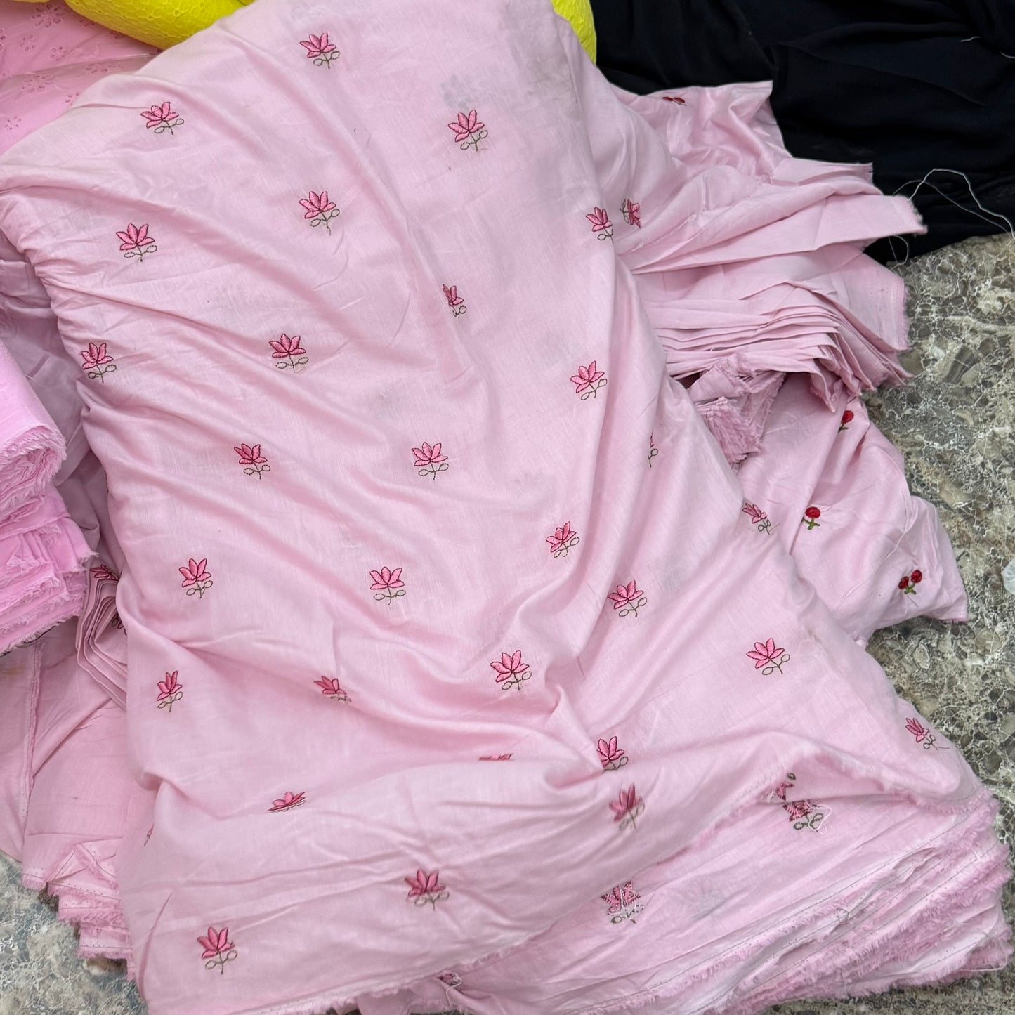 Buy Mul Cotton Baby Pink Lotus Embroidery Fabric