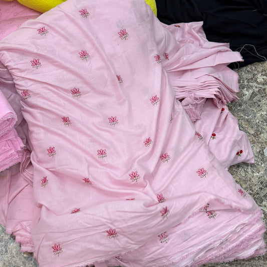 Buy Mul Cotton Baby Pink Lotus Embroidery Fabric