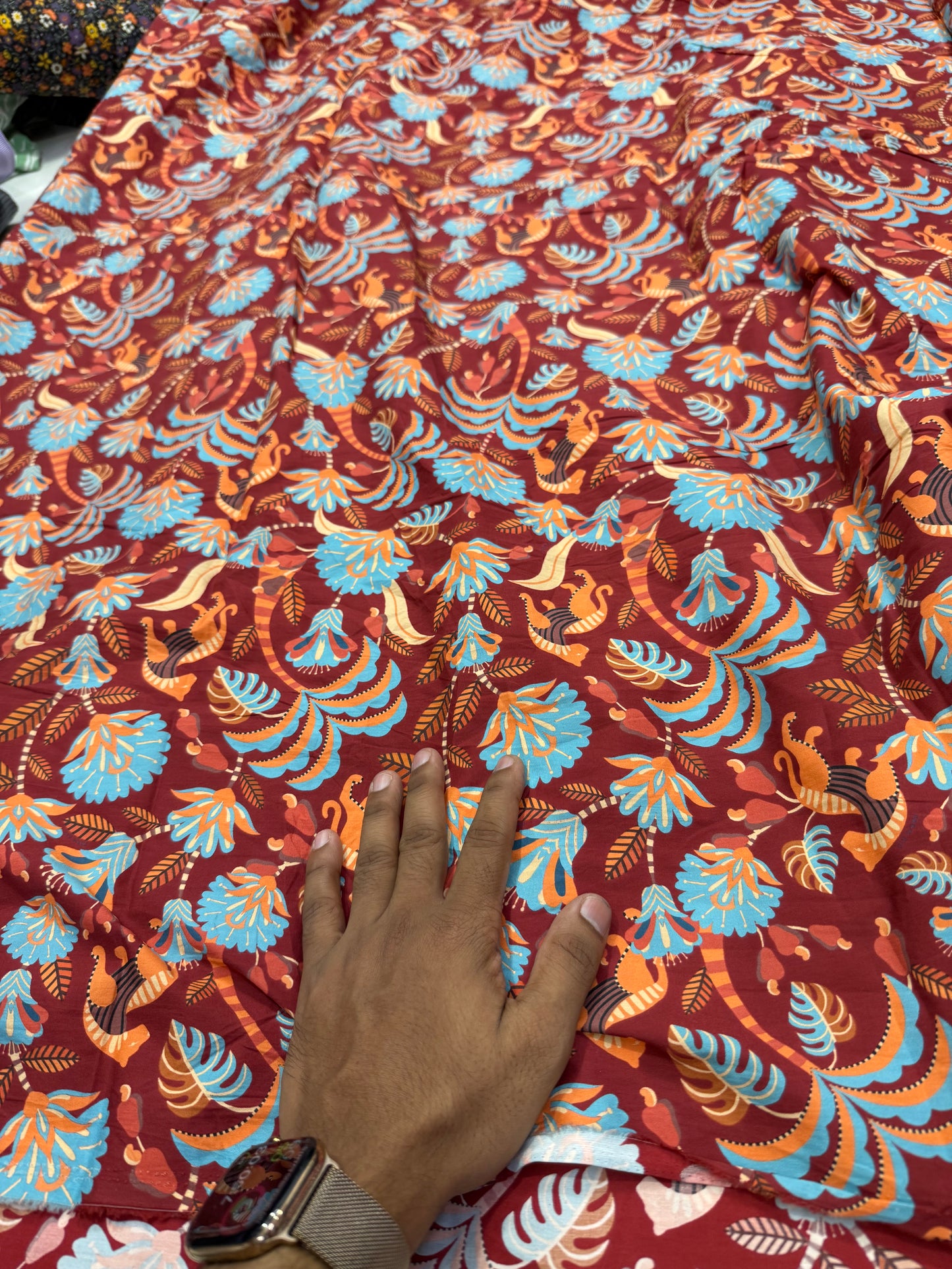 Buy Cotton Poplin Maroon Base Palm Jaco Printed Fabric