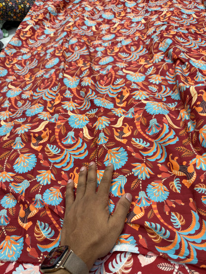 Buy Cotton Poplin Maroon Base Palm Jaco Printed Fabric