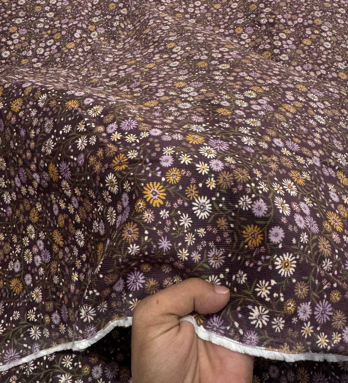 Buy Printed Corduroy Plum Base Daisy Floral Fabric