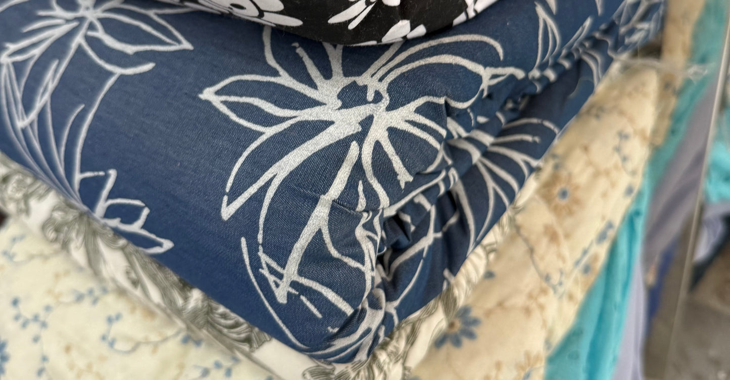 Buy Premium Cotton Denim Line Art Big Leaf Flower Printed Fabric