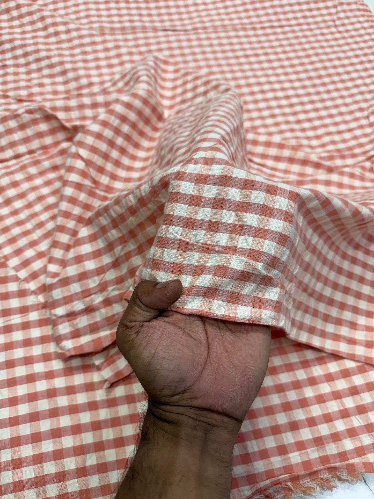 Buy Seersucker Peach White Check Fabric