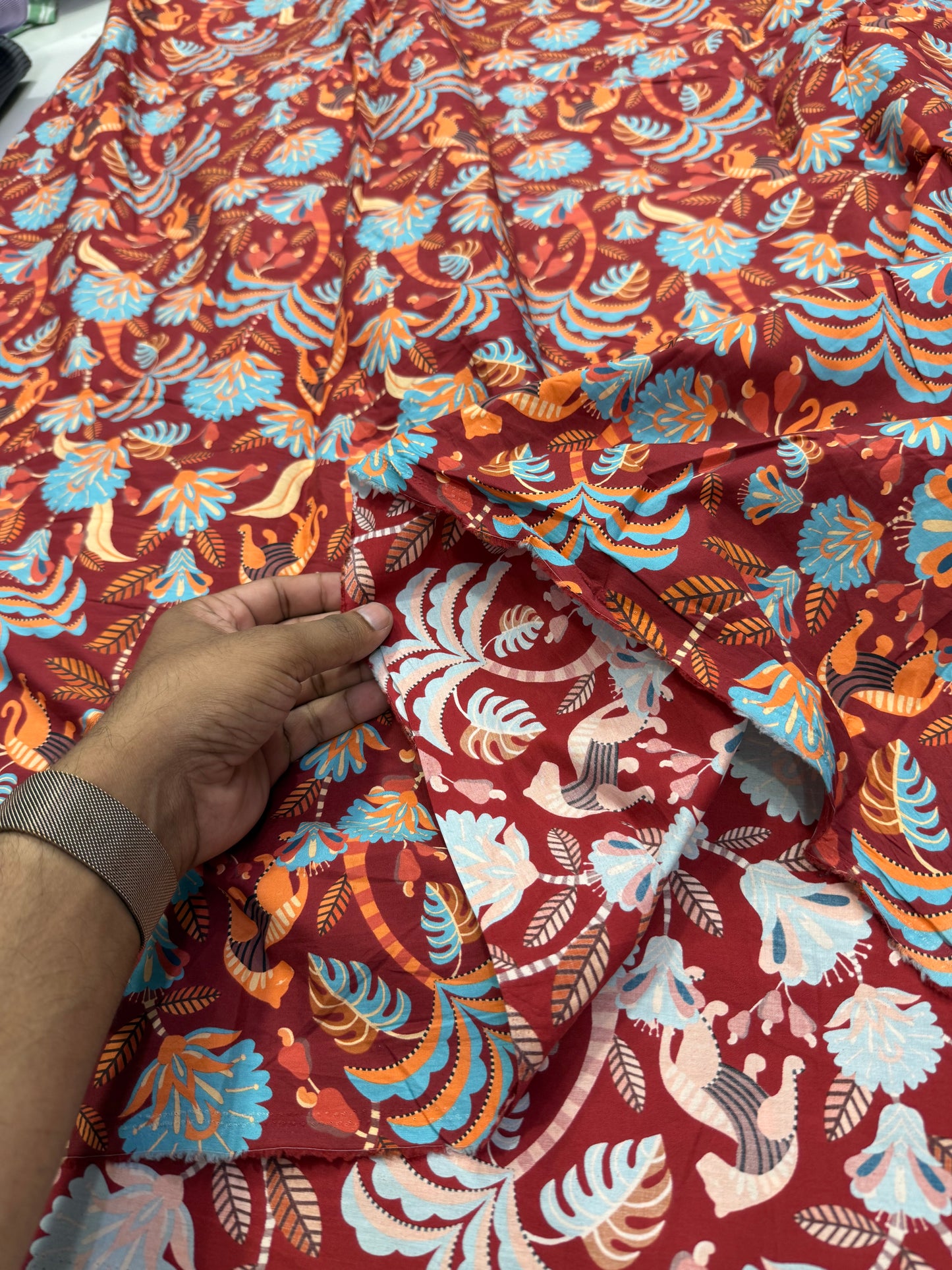 Buy Cotton Poplin Maroon Base Palm Jaco Printed Fabric