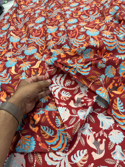 Buy Cotton Poplin Maroon Base Palm Jaco Printed Fabric