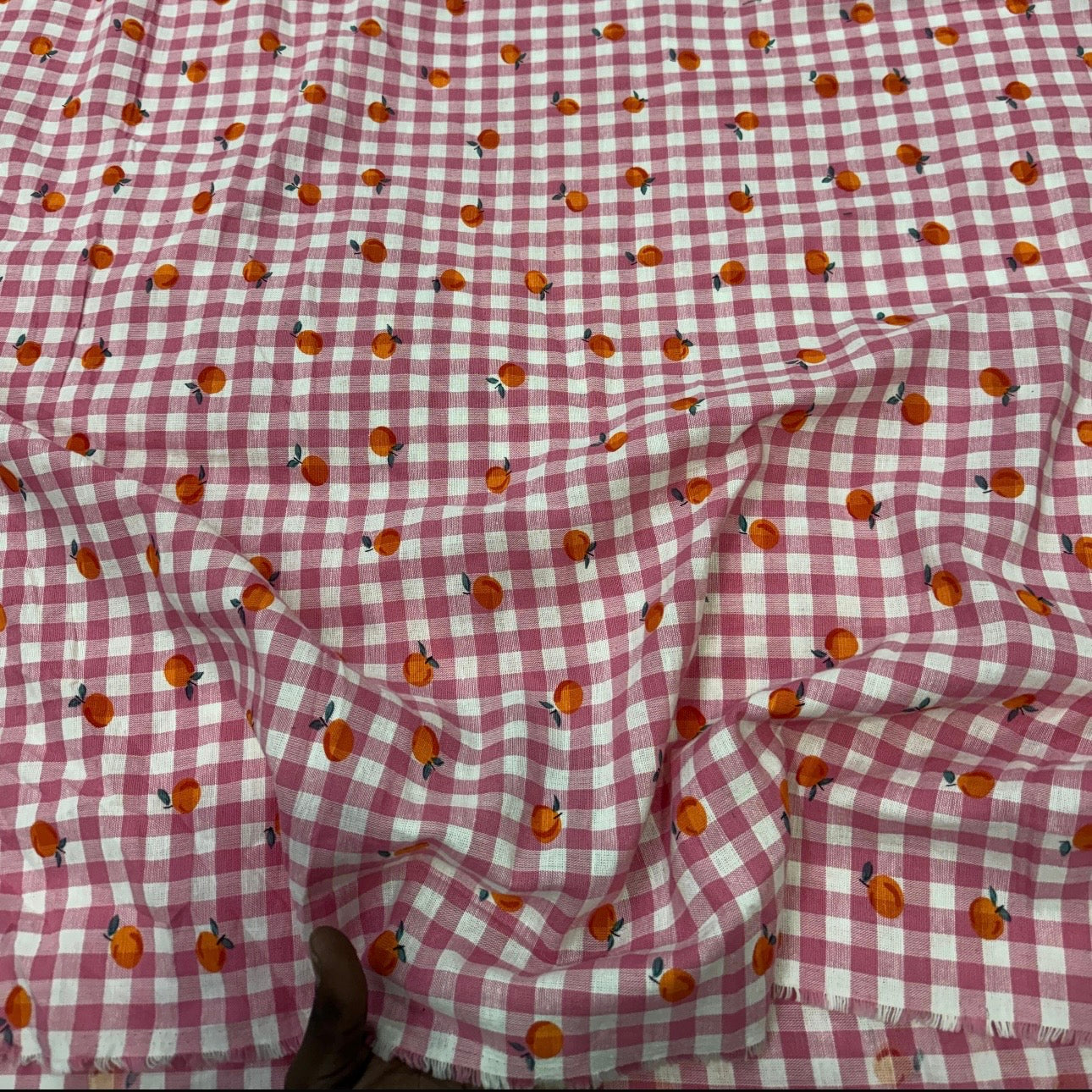 Buy Cotton Linen Pink Check Peach Printed Fabric