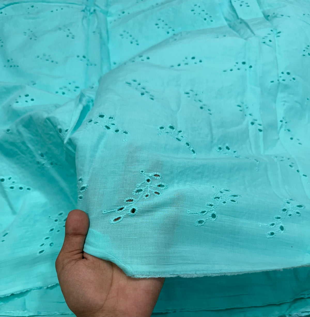 Buy Premium Cotton Hakoba Aqua Turquoise Floral Cutwork Fabric