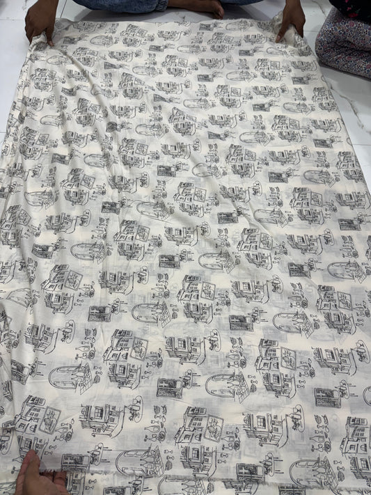 Buy Mul Cotton White Base Kids Print In Black Fabric