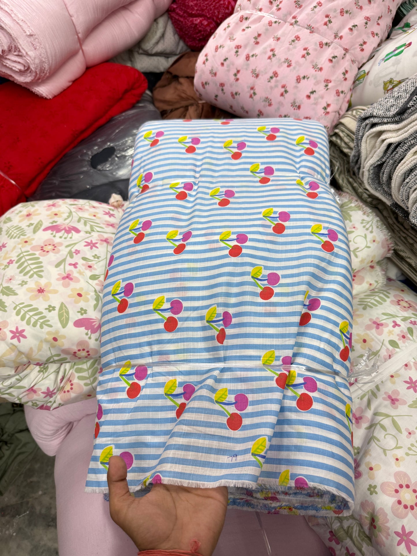 Buy Mul Cotton Blue Stripe Cherry Printed Fabric