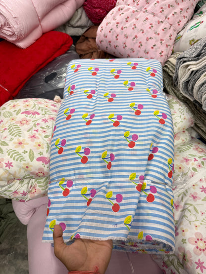 Buy Mul Cotton Blue Stripe Cherry Printed Fabric