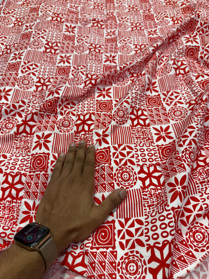 Buy Cotton Poplin Red Square Panel Multi Printed Fabric