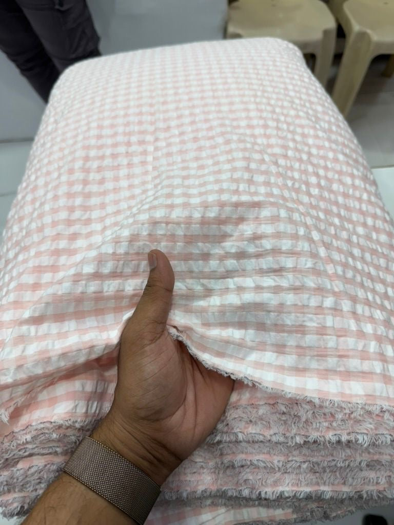 Buy Seersucker Peach White Check Fabric