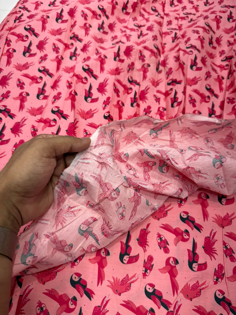 Buy Cotton Poplin Pink Base Multi Parrot Printed Fabric