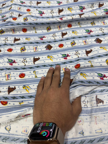 Buy Premium Cotton Flannel Blue Stripe Multicolor Novelty Icon Print Fabric