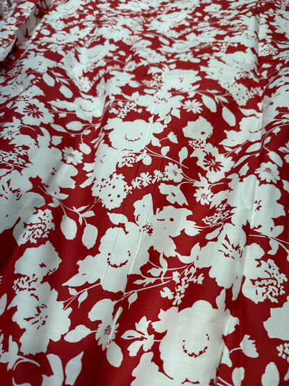 Buy Cotton Poplin Pinkish Red Base White Floral Printed FABRIC