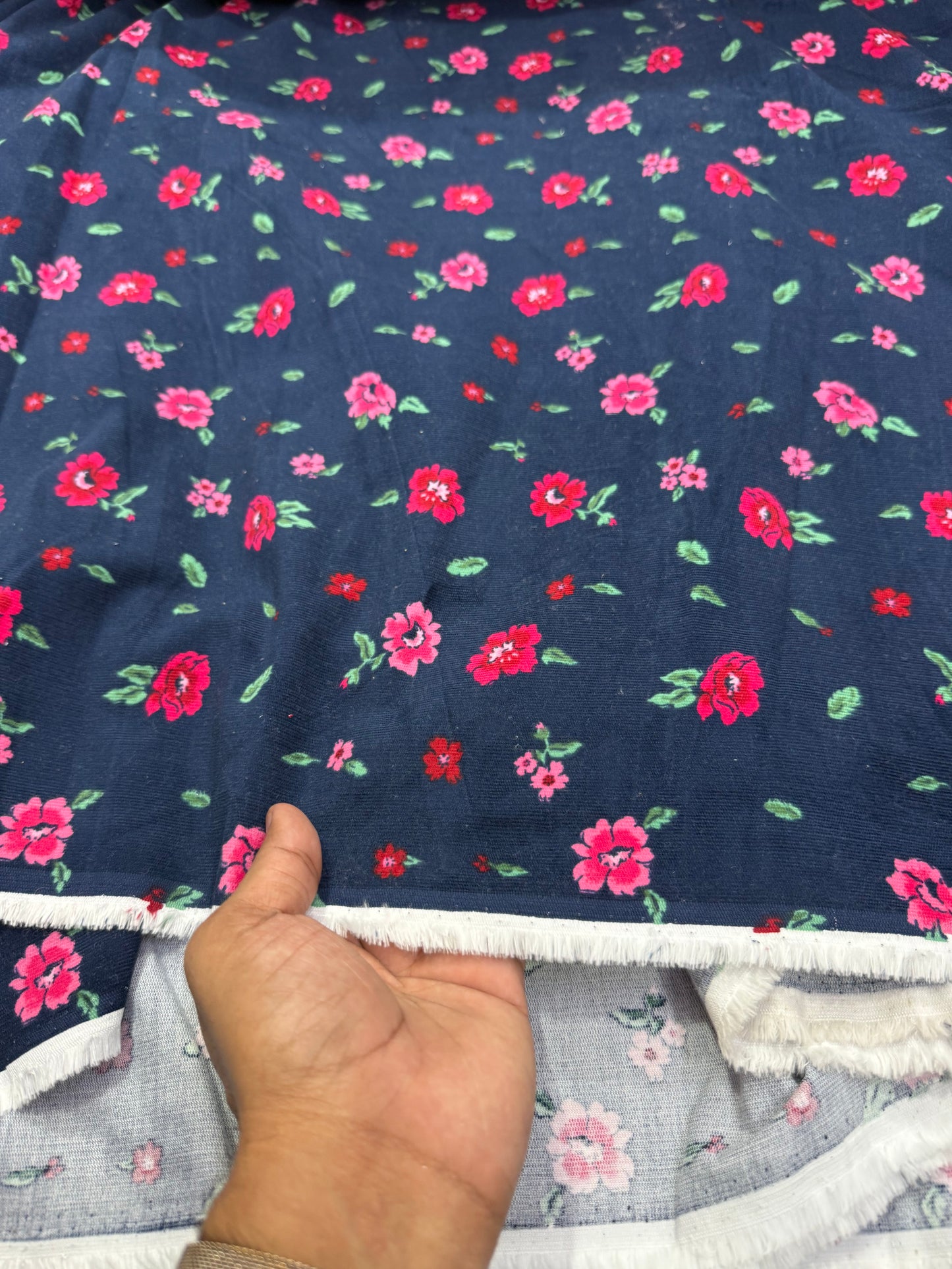 Buy Printed Corduroy Blue Base Red Floral Printed Fabric