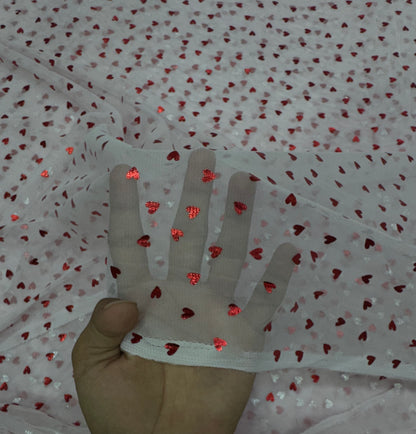 Buy Mesh Pink Red Glitter Heart Print Fabric