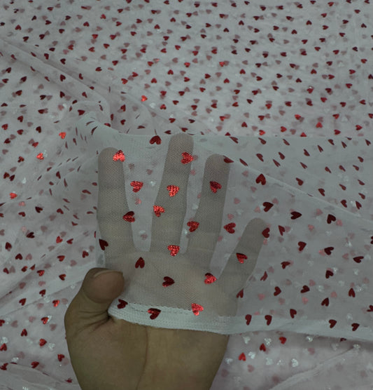 Buy Mesh Pink Red Glitter Heart Print Fabric