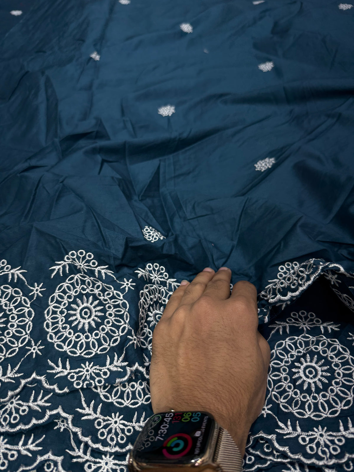 Buy Premium Cotton Hakoba Navy Blue Floral Scallop Border Fabric