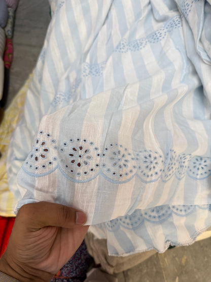 Buy Pure Cotton Linen Blue and White Stripes Embroidery Fabric with Big Width