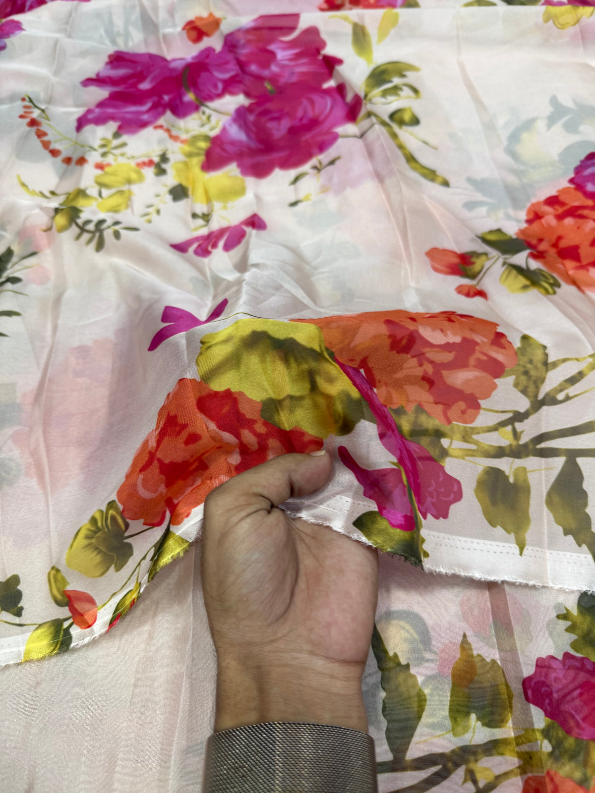 Buy Premium Organza White Multicolor Floral Bouquet Print Fabric