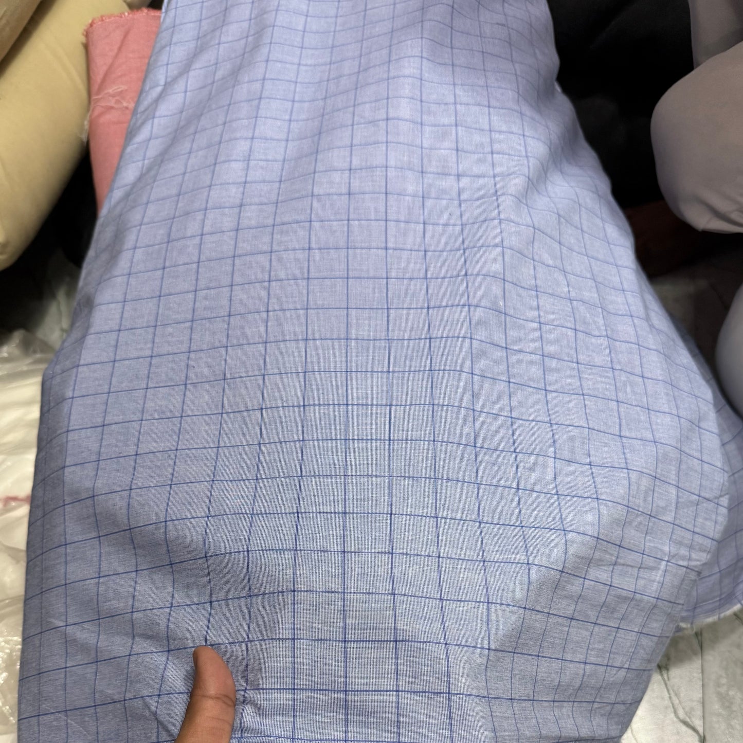 Buy Mill Made Washed Blue Block Check Chambray Fabric - MAF 