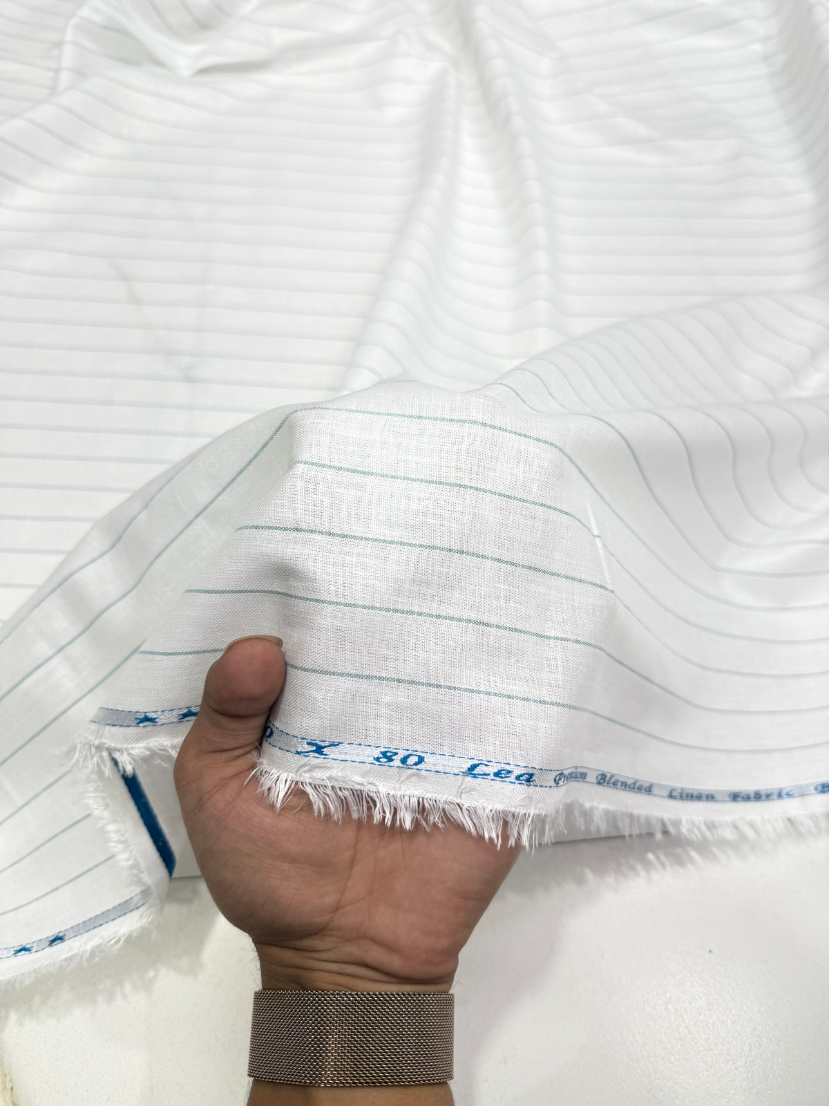 Buy 80 Lea Premium Linen White Teal Green Stripe Fabric