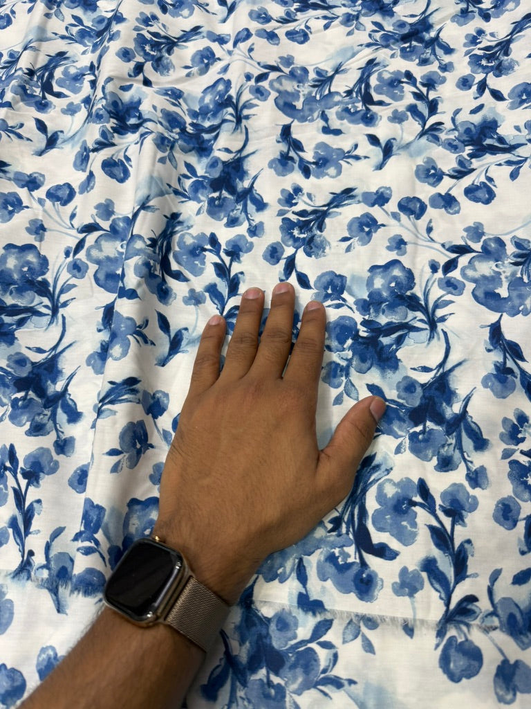 Buy Cotton Poplin Watercolour Indigo Full Floral Printed Fabric
