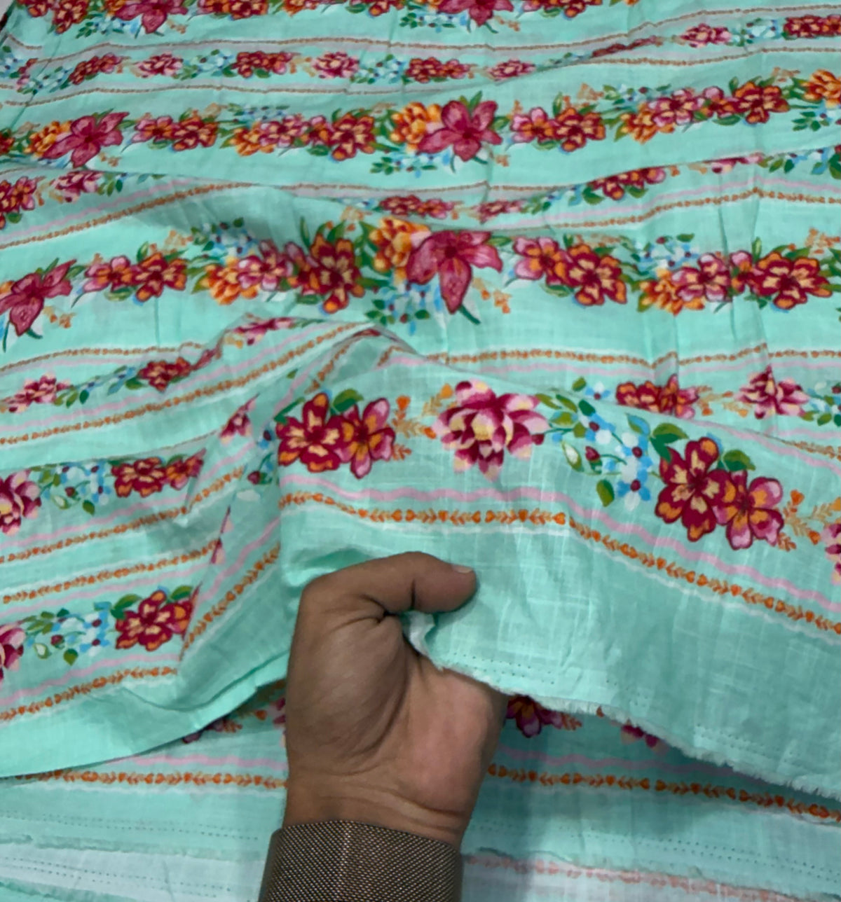 Buy Fine Premium Cotton Slub Sea Green Floral Border Print Fabric