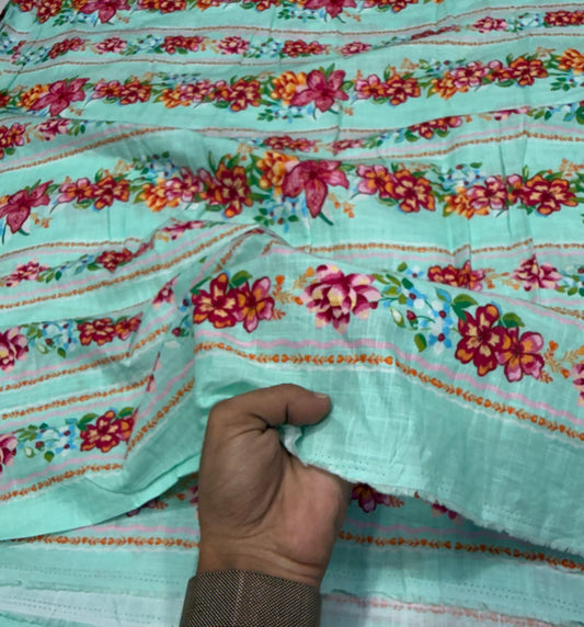 Buy Fine Premium Cotton Slub Sea Green Floral Border Print Fabric