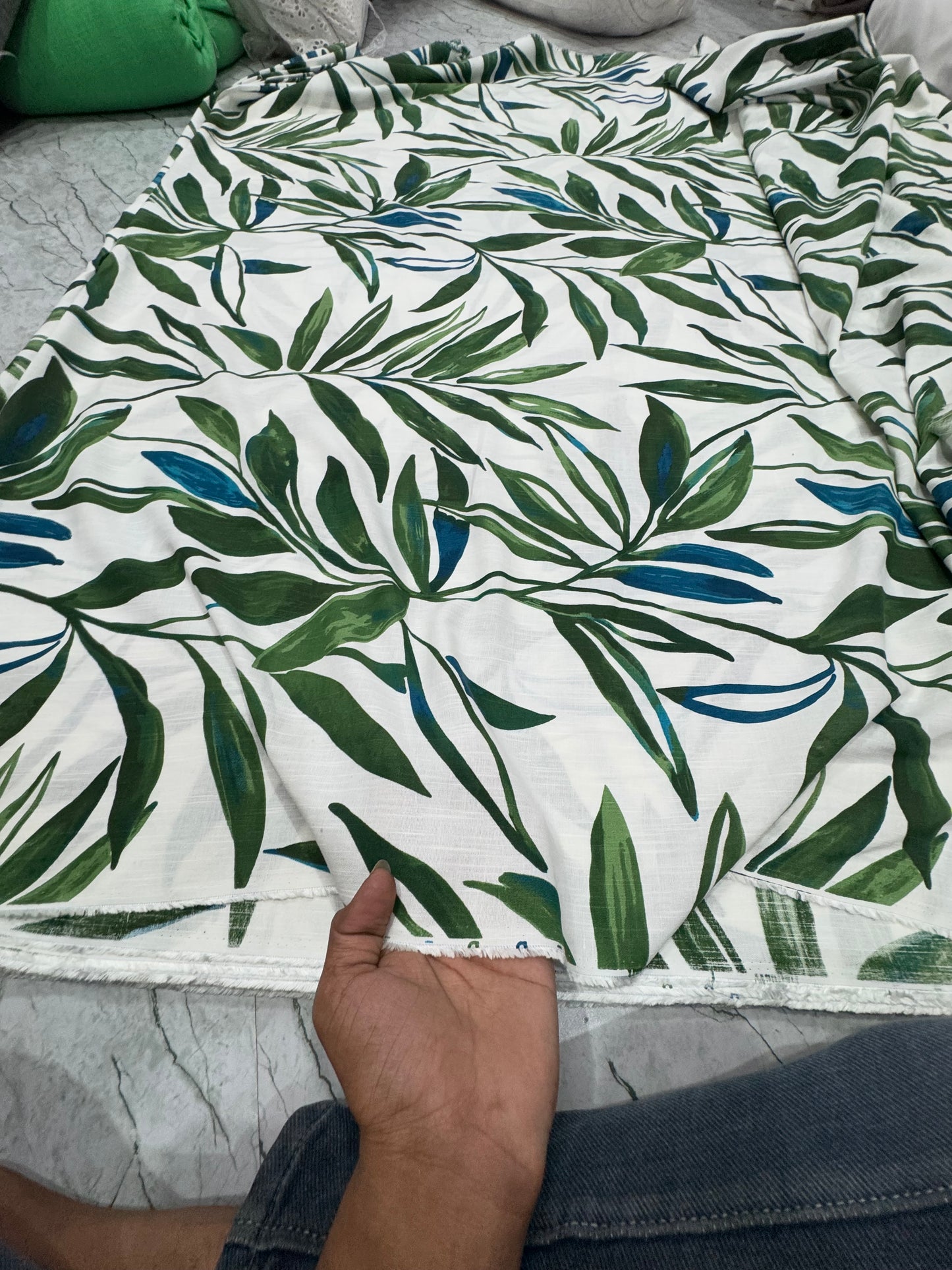 Buy Cotton Linen Summer Green Leaf Printed Fabric - MAF 
