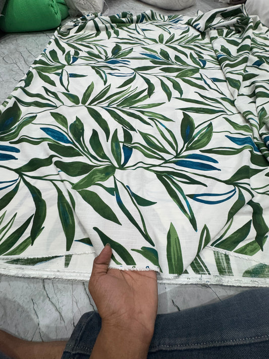 Buy Cotton Linen Summer Green Leaf Printed Fabric - MAF 