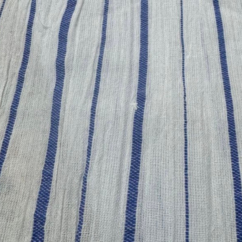 Buy Cotton Crinkled Crepe White Base Blue Stripe Fabric