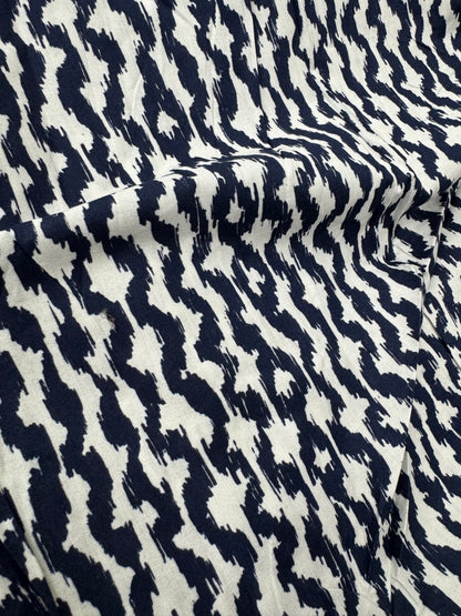 Buy Mul Cotton Navy Blue Ikkat Block Printed Fabric