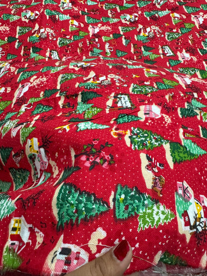 Buy Cotton Twill Red Base Christmas Tree House Printed Fabric