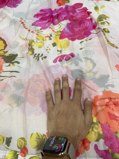 Buy Premium Organza White Multicolor Floral Bouquet Print Fabric